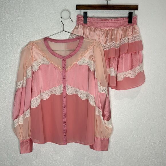 LoveShackFancy Fia Skirt & Zaria Blouse Pink Colorblock Silk Large/Med Revolve - Picture 2 of 16